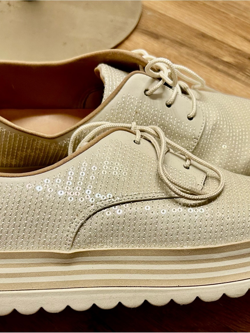 Women's Cream Sequin Lace-Up Platform Sneakers